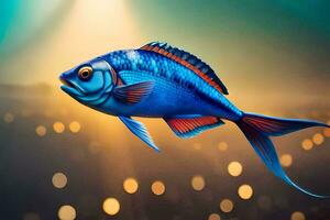 a blue fish with red fins is floating in the water. AI-Generated photo