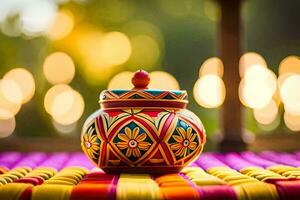 a colorful pot sitting on a colorful table. AI-Generated photo