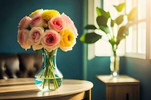 a vase of pink and yellow roses sitting on a table. AI-Generated photo