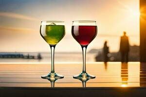 two glasses of wine on a table with the sun setting behind them. AI-Generated photo