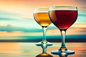 two glasses of wine on a table with a sunset in the background. AI-Generated photo