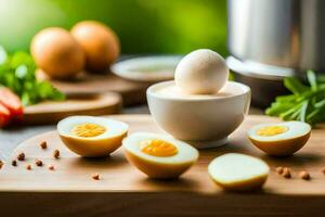 a bowl of eggs and a knife on a cutting board. AI-Generated photo