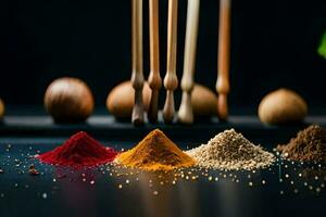various spices and spices on a black surface. AI-Generated photo