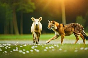 two wild animals running in the grass. AI-Generated photo