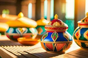 colorful decorative pots on a wooden table. AI-Generated photo