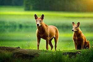 two deer are standing in the grass near a lake. AI-Generated photo