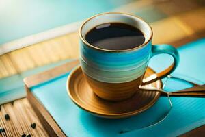 a cup of coffee on a blue table. AI-Generated photo