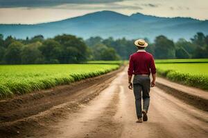 a man in a hat walks down a dirt road. AI-Generated photo