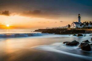 the sun sets over a lighthouse on the coast. AI-Generated photo