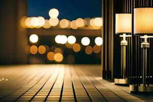 two lamps on a wooden floor in front of a building. AI-Generated photo