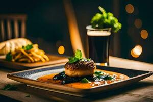 un plato de comida con un cerveza y un vaso de vino. generado por ai foto