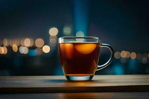 a glass of tea on a wooden table with a cityscape in the background. AI-Generated photo