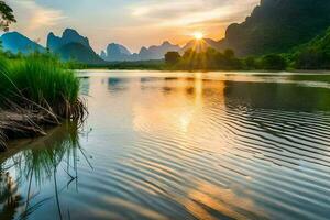 the sun sets over the li river in china. AI-Generated photo