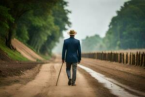 a man in a suit and hat walking down a dirt road. AI-Generated photo