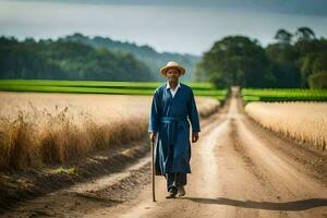 an old man walking down a dirt road in a field. AI-Generated photo