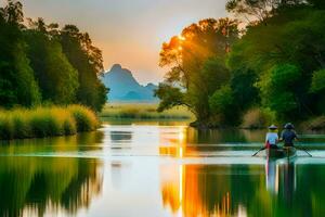 two people in a canoe on a river at sunset. AI-Generated photo