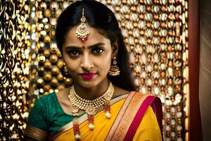 a beautiful indian woman wearing a yellow sari and jewelry. AI-Generated photo