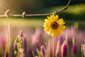a yellow flower is hanging from a wire in a field. AI-Generated photo