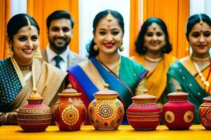 a group of people in saris standing next to pots. AI-Generated photo