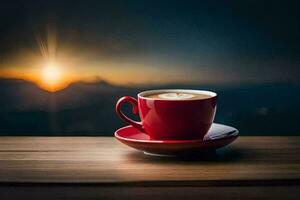 un taza de café en un de madera mesa con un puesta de sol en el antecedentes. generado por ai foto