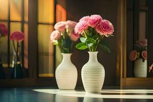 two vases with pink flowers sitting on a table. AI-Generated photo