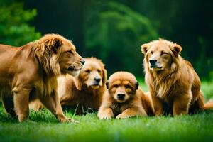 cuatro leones sentado en el césped. generado por ai foto