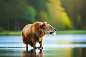 un león en pie en el agua con un pescado en sus boca. generado por ai foto