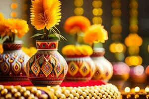 a table with colorful vases and candles. AI-Generated photo