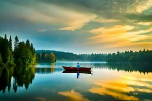 a man in a red boat is floating on a calm lake. AI-Generated photo