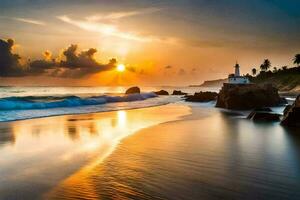 the sun rises over the ocean and the lighthouse on the beach. AI-Generated photo