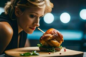 a woman is eating a chicken on a wooden board. AI-Generated photo