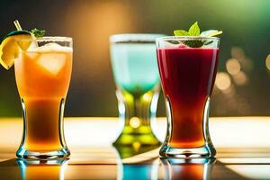 three different colored drinks are shown on a table. AI-Generated photo