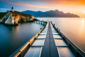 a pier with a lighthouse at sunset. AI-Generated photo