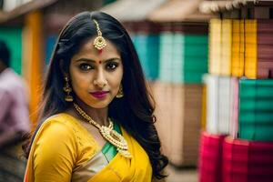 a beautiful woman in a yellow sari. AI-Generated photo