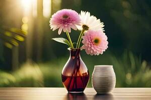 pink flowers in vase on table with sunlight. AI-Generated photo