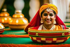 a woman in traditional indian attire sits in a basket. AI-Generated photo