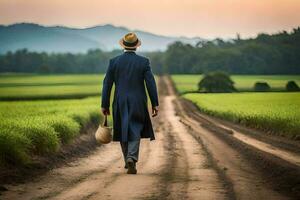 a man in a hat and coat walks down a dirt road. AI-Generated photo