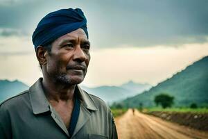 a man in a turban stands on a dirt road. AI-Generated photo