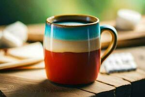 a colorful mug of coffee on a wooden table. AI-Generated photo
