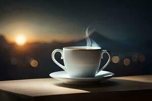 a cup of coffee on a table with a view of the sunset. AI-Generated photo