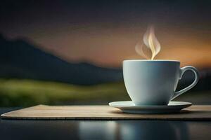 un taza de café en un mesa con un montaña en el antecedentes. generado por ai foto