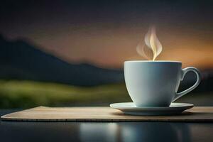 a cup of coffee on a table with a mountain in the background. AI-Generated photo