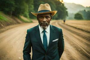 a man in a suit and hat standing on a dirt road. AI-Generated photo