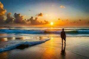 a man stands on the beach at sunset. AI-Generated photo