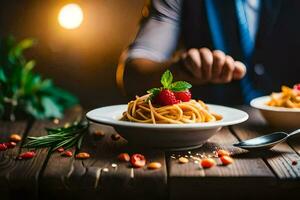 spaghetti with fresh herbs and berries. AI-Generated photo