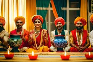 indio Boda fiesta con velas y turbante. generado por ai foto