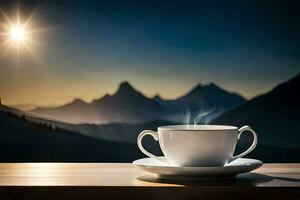 a cup of coffee on a table in front of mountains. AI-Generated photo