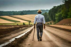 un hombre caminando abajo un suciedad la carretera con un caña. generado por ai foto