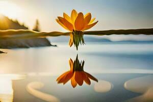 un flor es reflejado en el agua a puesta de sol. generado por ai foto
