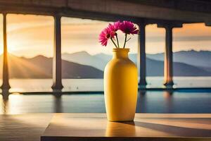 a vase with flowers on a table in front of a lake. AI-Generated photo